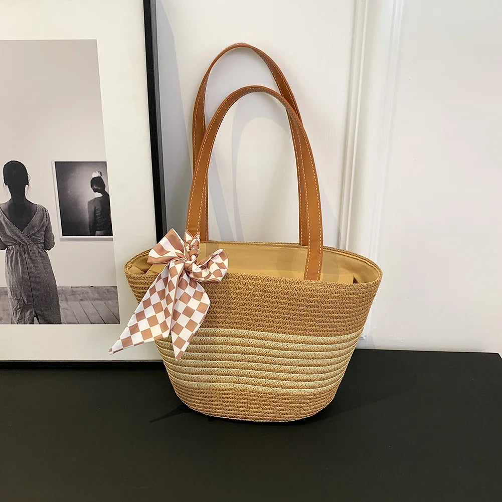 Women Straw Tote Handbag Large Capacity Crochet Beach Handbag Zipper Closure Weaving Striped Handbag Ladies Summer Daily Bag