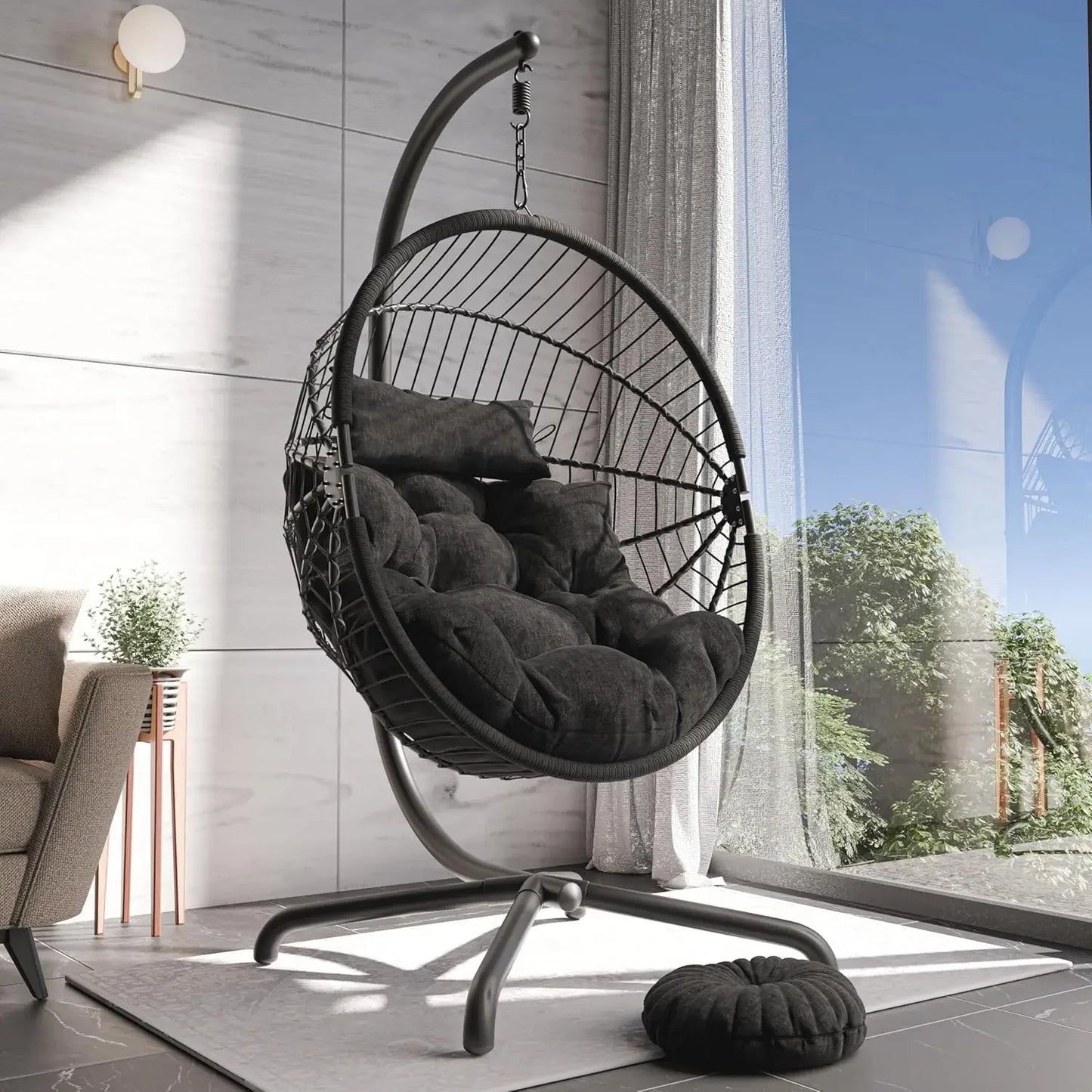 Egg Chair, Rattan Hanging with Cushion, Foldable Garden Patio Hammock Chair with Stand & Adjustable Height, Egg Chair