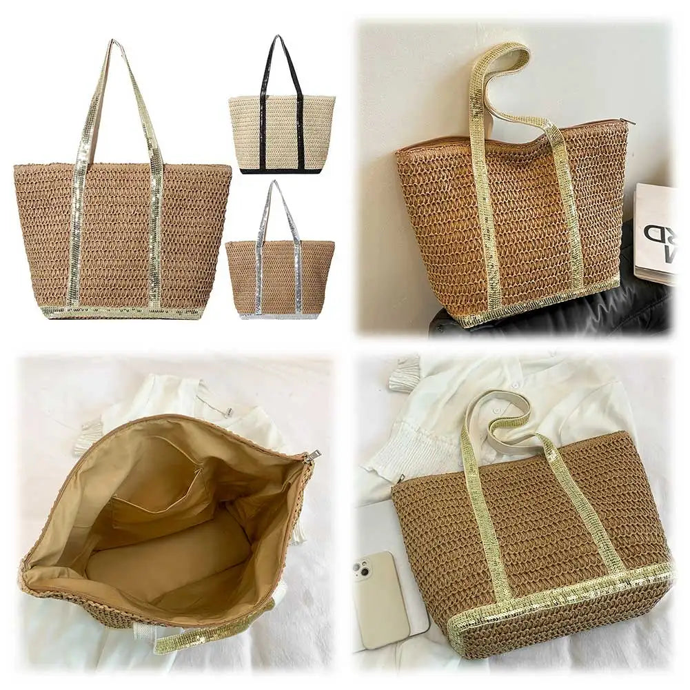 Women Straw Tote Handbag Large Capacity Sequins Simple Shoulder Bag Contrast Color Minimalist Tote Bag Ladies Summer Daily Bag