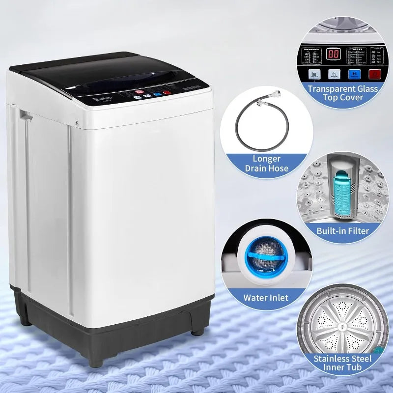 Winado Full Automatic Washing Machine, 15.6Lbs Top Load Portable Washer with Drain Pump, 10 Wash Programs 8 Water Level Washer