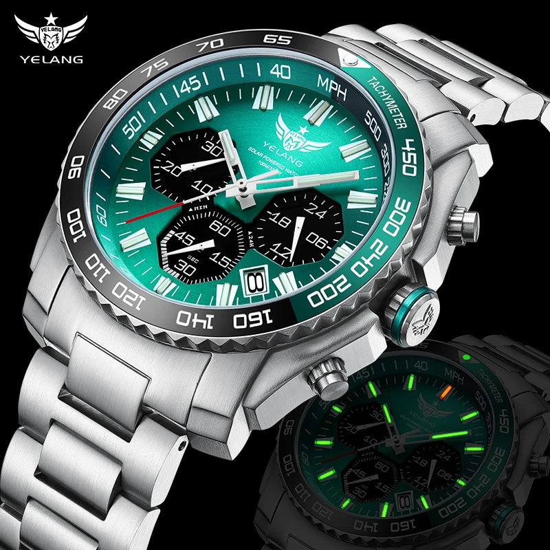 Yelang V1215 Man Watch Sports Watch Japan Eco-Drive VR42 Solar Watch 100m Waterproof  Diving Watch luminous Business Sapphire