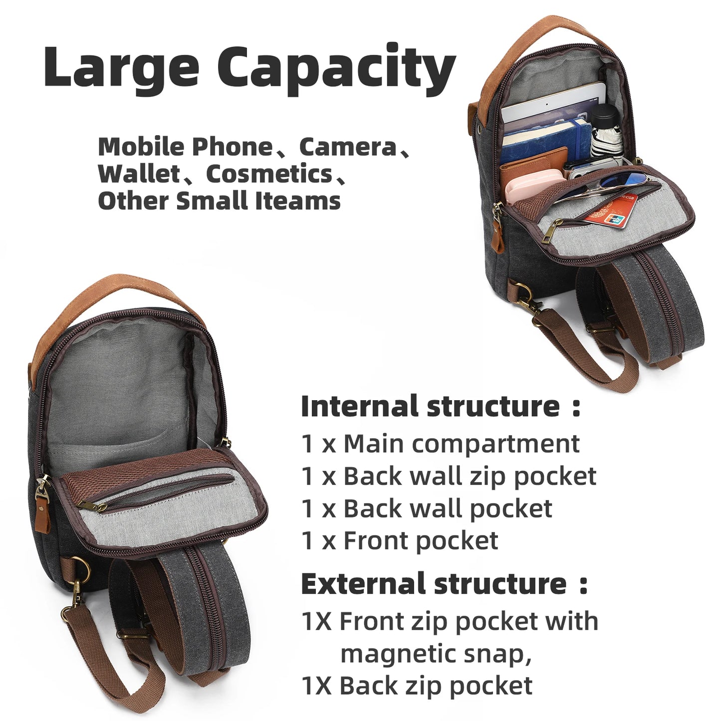 KL928 Canvas Sling Bag Crossbody Backpack Sling Backpack Shoulder Bag Casual Daypacks for Men Women