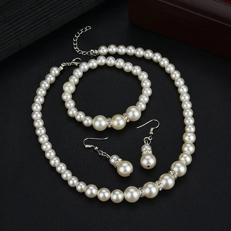 Fashion Jewellery Diamonds Rhinestones Pearls Necklace Bracelet Earrings Set Ladies Party Wedding Jewellery