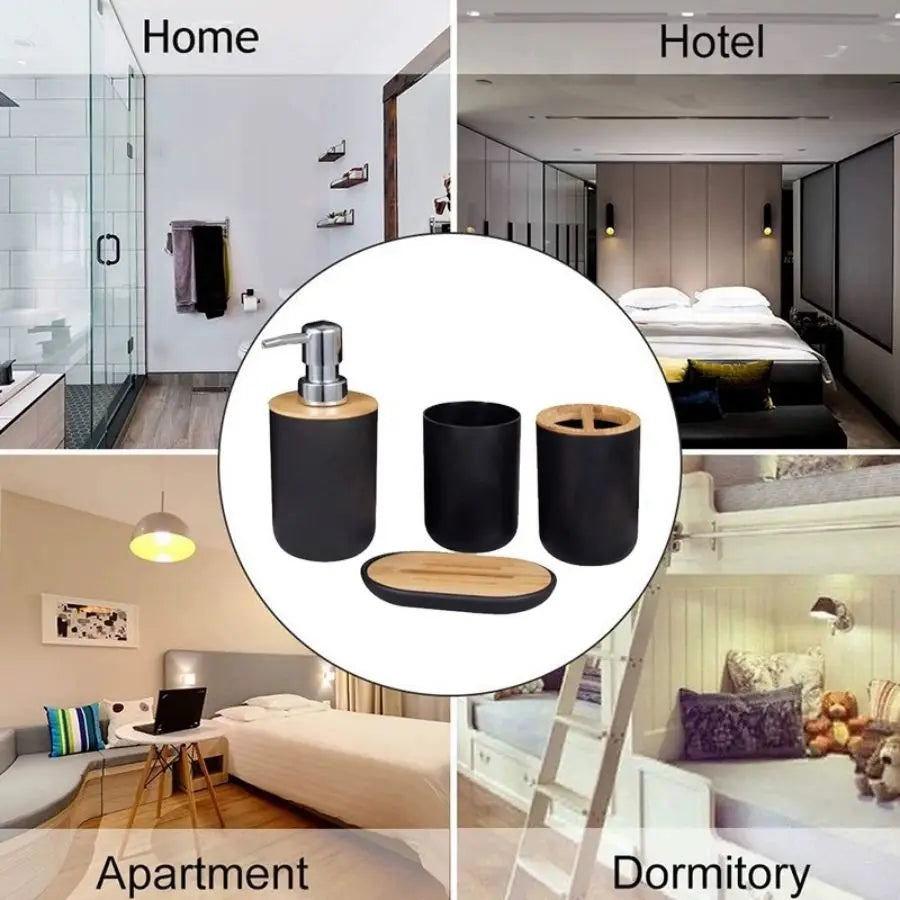 4pcs Bathroom Accessories Set,Include Toothbrush Holder and Cup,Lotion Dispenser,Soap Dish, Bamboo Cover Set
