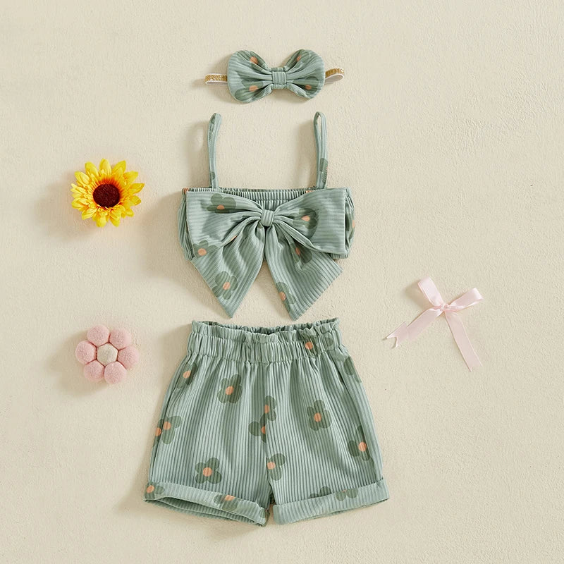 Toddler Girls 3 Piece Outfits Ruffle Sleeveless Top and Shorts Set with Headband Summer Clothes Floral Print Bow Camisole