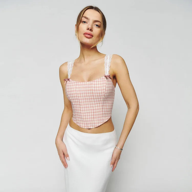 Women s Cami Tops Lace Shoulder Strap Vest Plaid Floral Print Show Navel Cropped Camisole