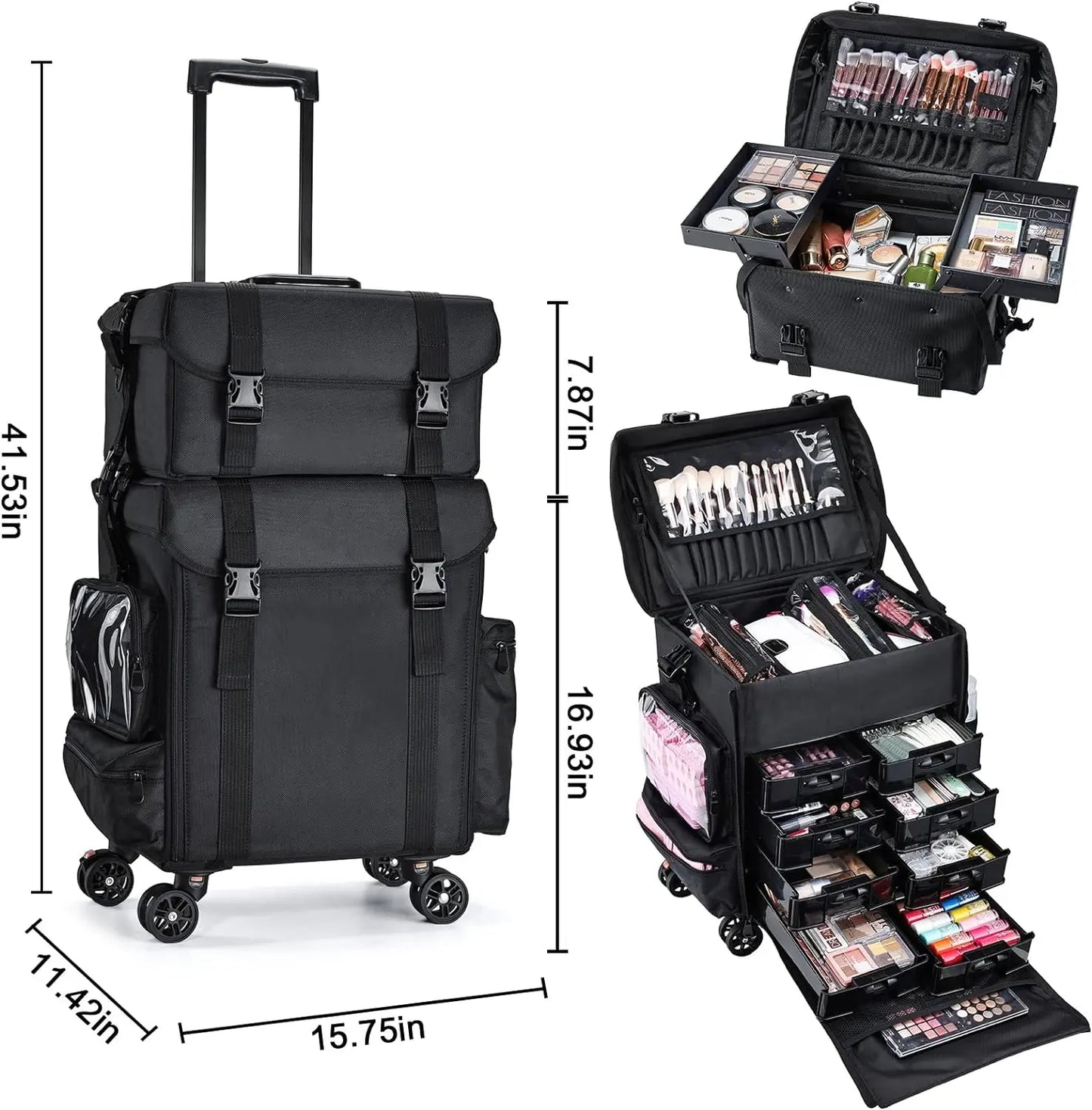 Professional Makeup Case, 2in1 Travel Rolling Case Soft Sided Cosmetology Train Case with Wheels Makeup Artist Cosmetic Organize
