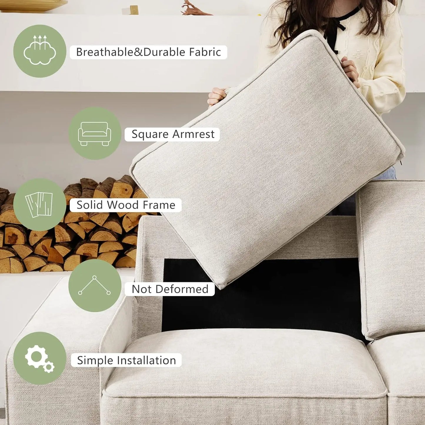 88.58" Modern Sofas Couches for Living Room, Chenille Sofas & couches with Square Armrest, Removable Low-Back Sofa Cushion and