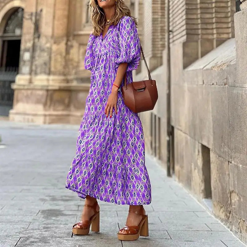 Women Dress Summer Puff SleeveBoho V Neck Printing Long Dress LooseHoliday Beach Female Casual FloralDresses Party Vestidos