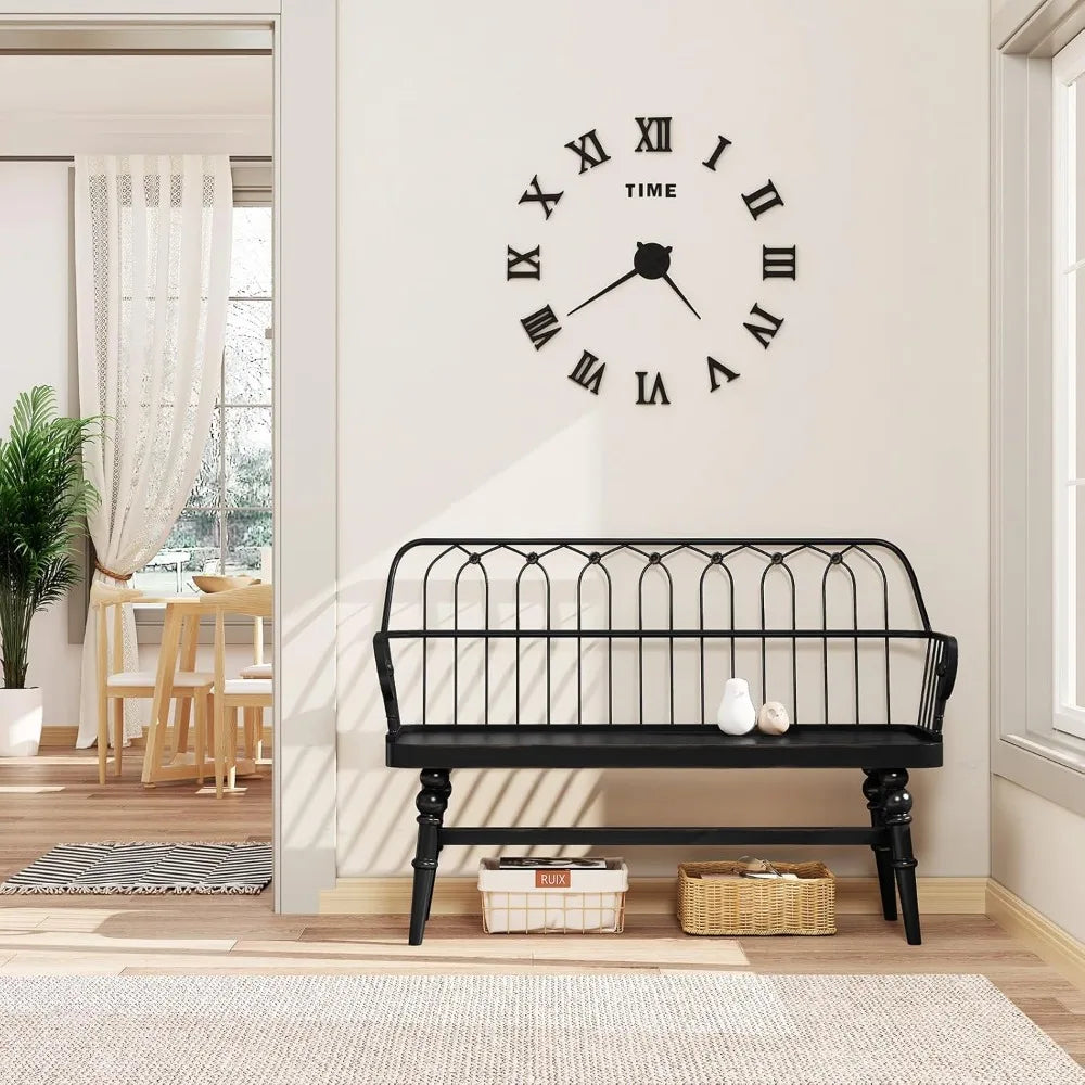 Entryway Bench, Farmhouse Dining Bench with Back, Wooden Indoor Benches Seat with Metal Spindle Back for Entryway, Hallway