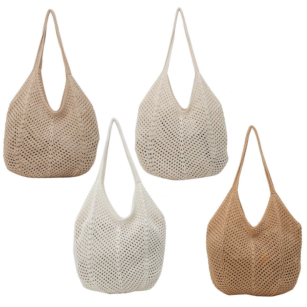 Women Hollow Summer Bag Solid Color Aesthetic Hobo Bag Large Capacity Knitted Tote Handbag Ladies Daily Handbag