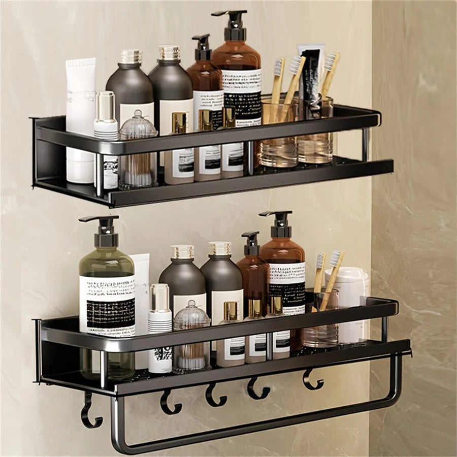 Aluminum Bathroom Supplies Storage Hook Shelf Multifunctional Wall Mounted Shelf Bathroom Towel Bar Bathroom Items Storage Rack