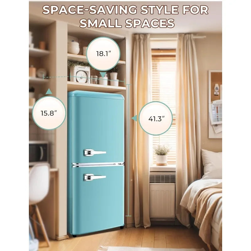 3.8 Cu.Ft Retro Fridge with Bottom Freezer and Drawer, 2 Door Refrigerator with 7 Adjustable Temperature Settings Blue