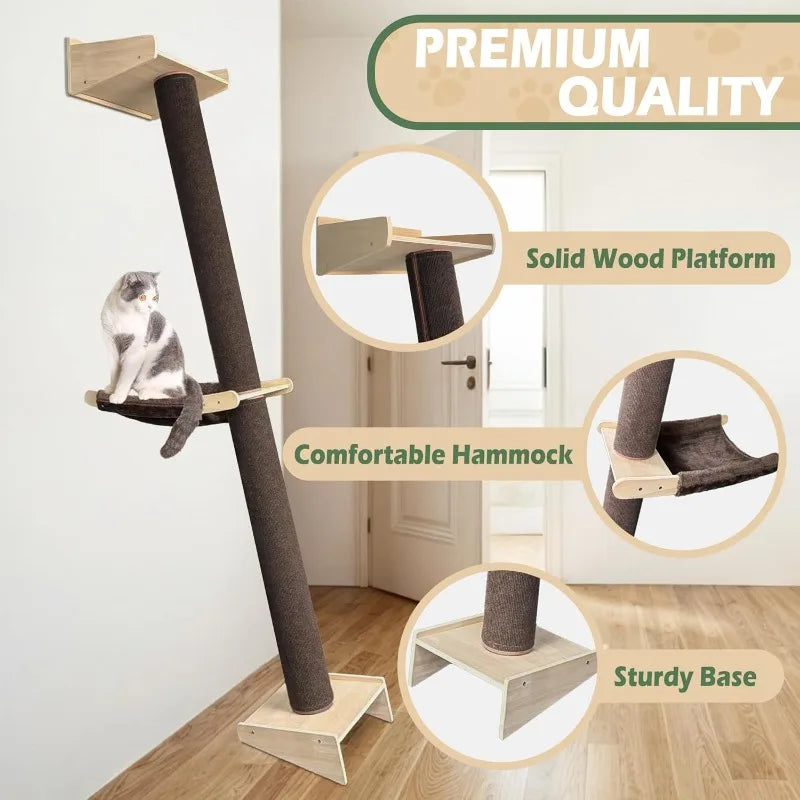 Wall Mounted Cat Tree 6.6ft, Floor to Ceiling Cat Tree, Cat Climbing Tower with Hammock and Perch, Tall Cat Scratching Post