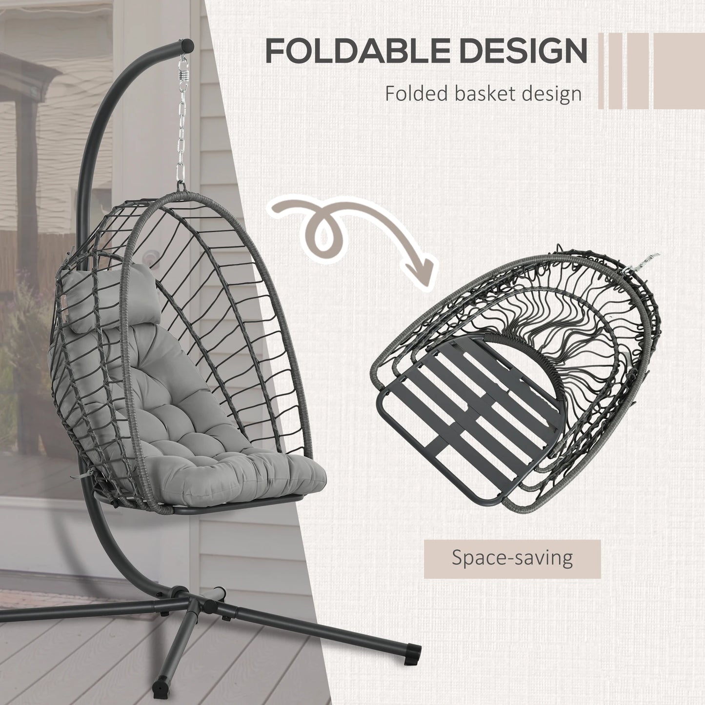 Outsunny PE Hanging Swing Chair w/ Thick Cushion, Patio Hanging Chair, Grey