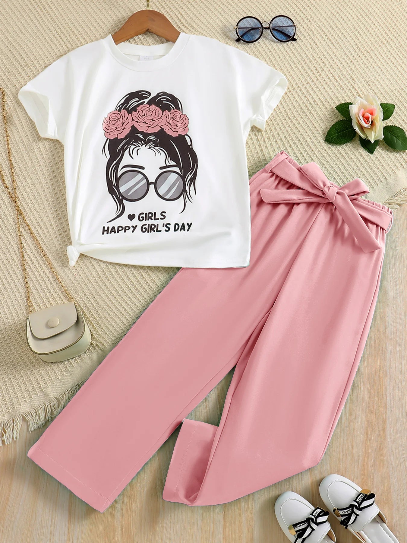 A set of two fashionable and simple cartoon print cool round-neck knitted tops and summer thin wide-leg pants for girls