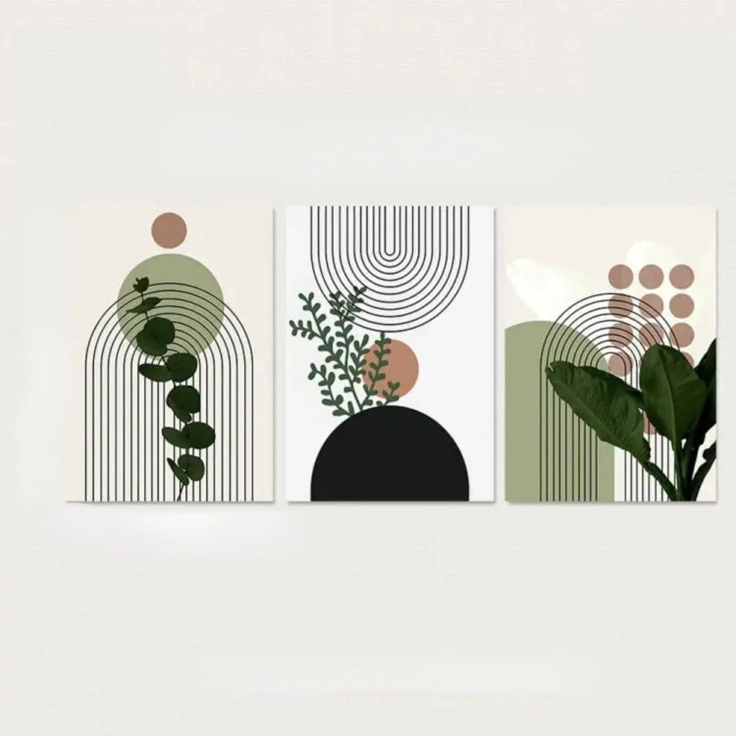 3pcs Modern Abstract Green Plants Leaf Sun Lines Wall Art Canvas Painting Posters Prints Pictures Living Room Decor Gifts Nct