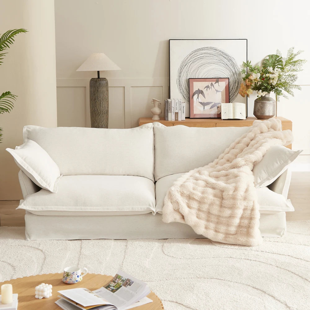 87'' Upholstered Cloud Sofa,3 Seat Fabric Couch with Pillows,Concealed Legs and Washable Covers for Living Room,Apartment,Ivory