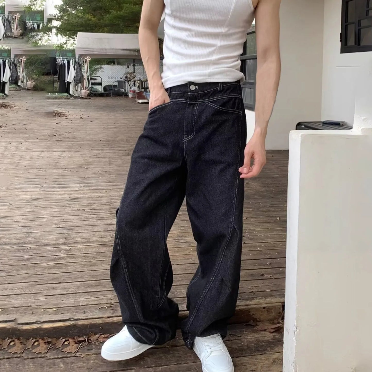 2024 American Style Black Vintage Jeans High-Waisted Loose-Fit Washing Denim Pants Trendy Couple Casual Mens Clothing Trousers