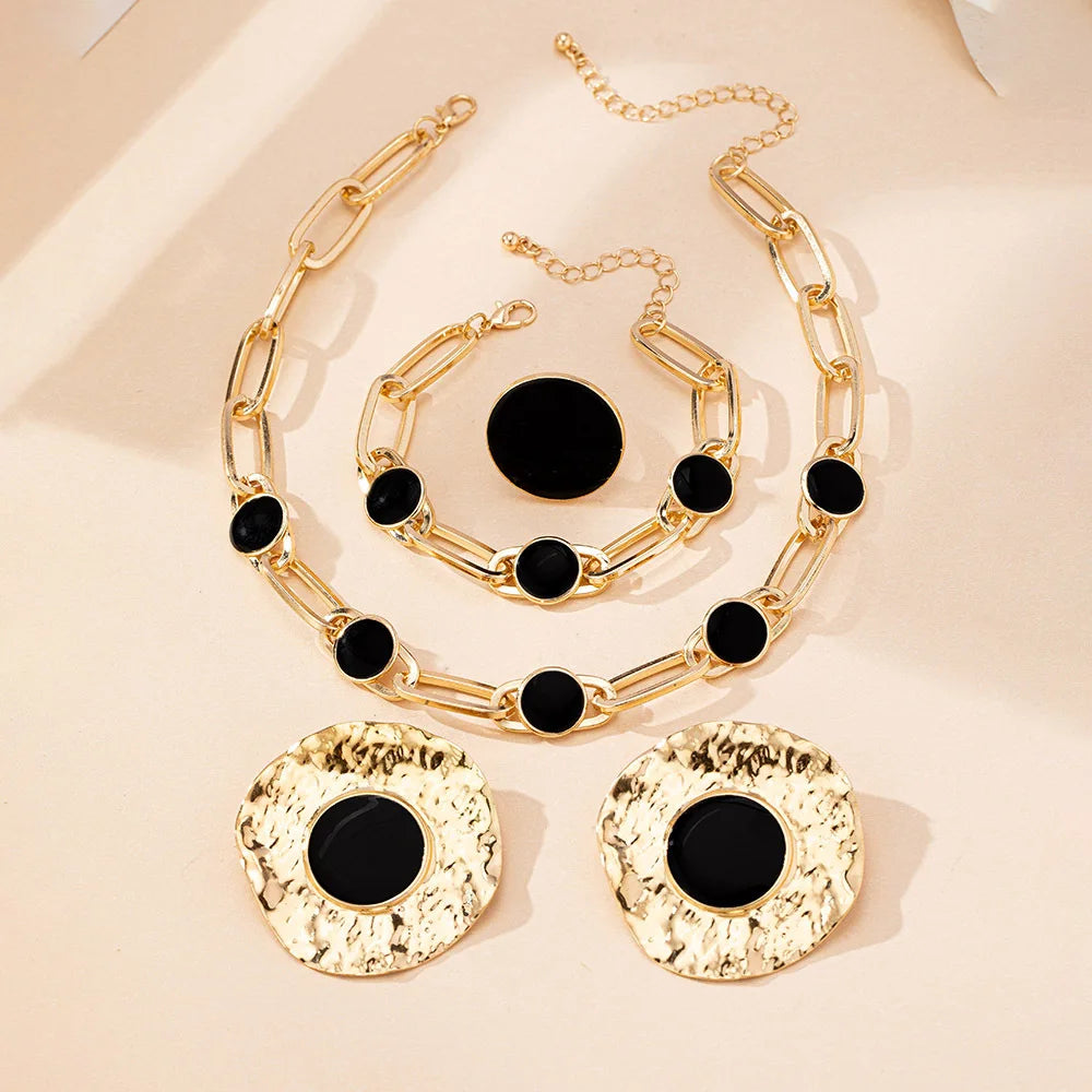 4 PCS Jewelry Set Big Black Disc Round Chain Resin Charm Choker Necklace Bracelet Gold Color Metal Earring Ring Statement Gifts