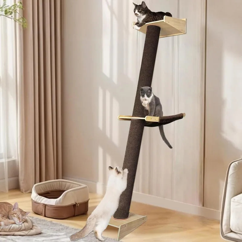 Wall Mounted Cat Tree 6.6ft, Floor to Ceiling Cat Tree, Cat Climbing Tower with Hammock and Perch, Tall Cat Scratching Post