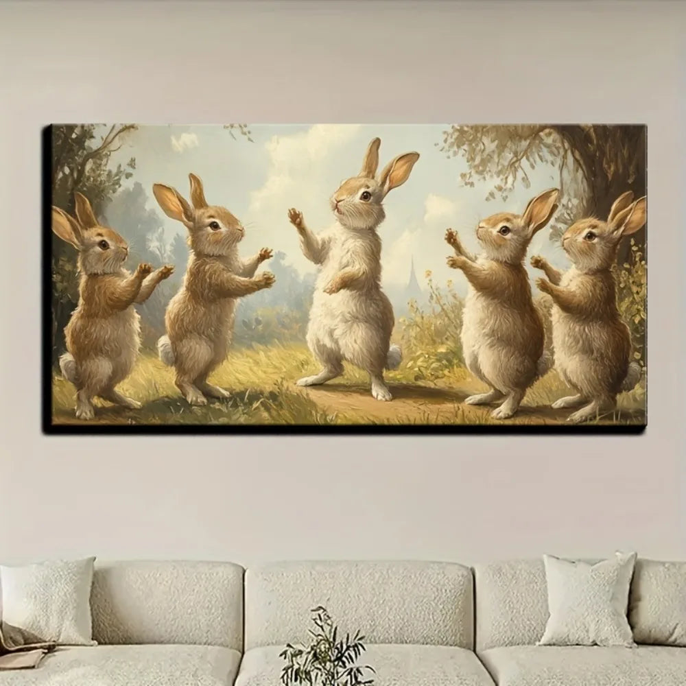 Wooden frame rabbit canvas painting wall art printing poster wall decoration home gifts, 1.5 inch thick pine solid wood frame