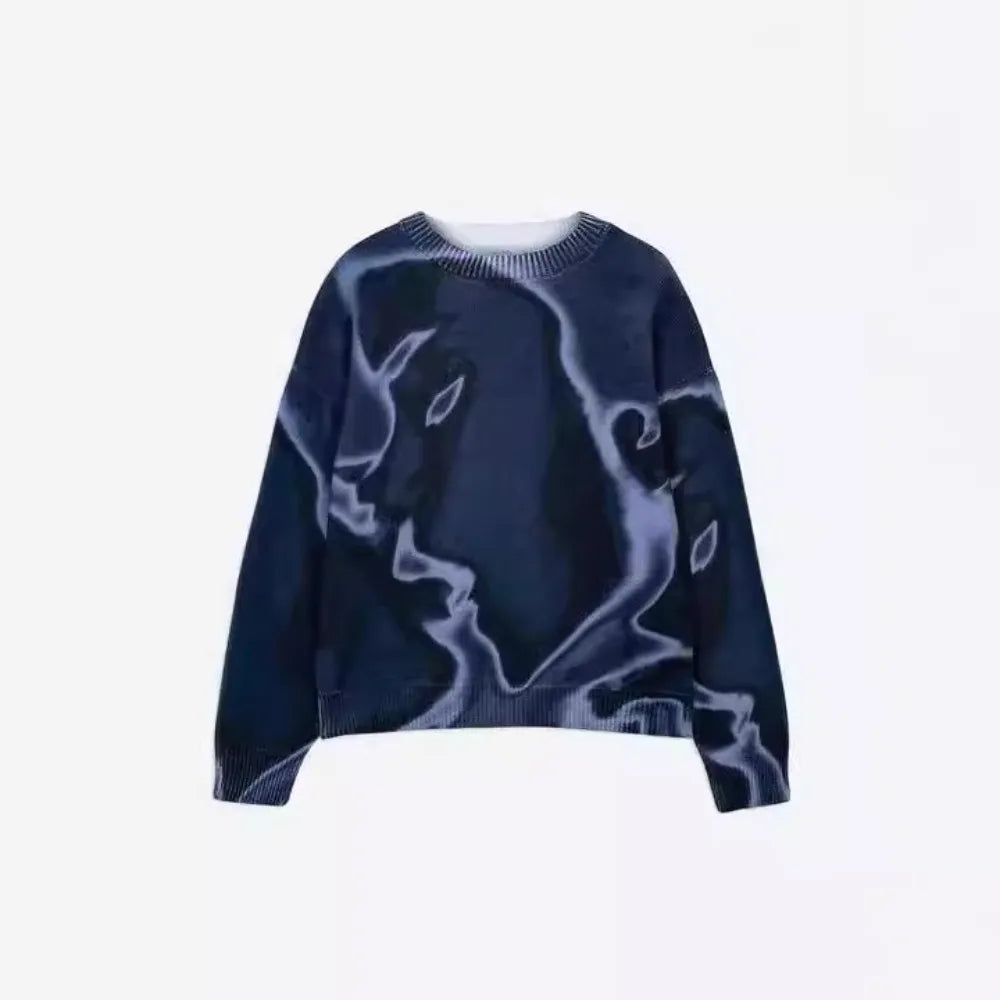 New Popular Spring Autumn Graffiti Jacquard Pattern Pullover Sweater Casual Round Neck Contrast Color Knitted Men's Pullover