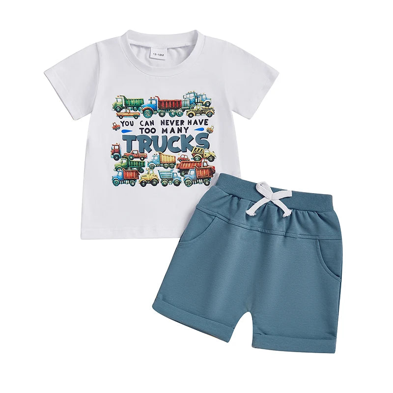 Boys Summer Outfit Sets with Short Sleeve O Neck Truck Print Tops and Solid Color Shorts - Casual and Cool Summer Wear for Boys