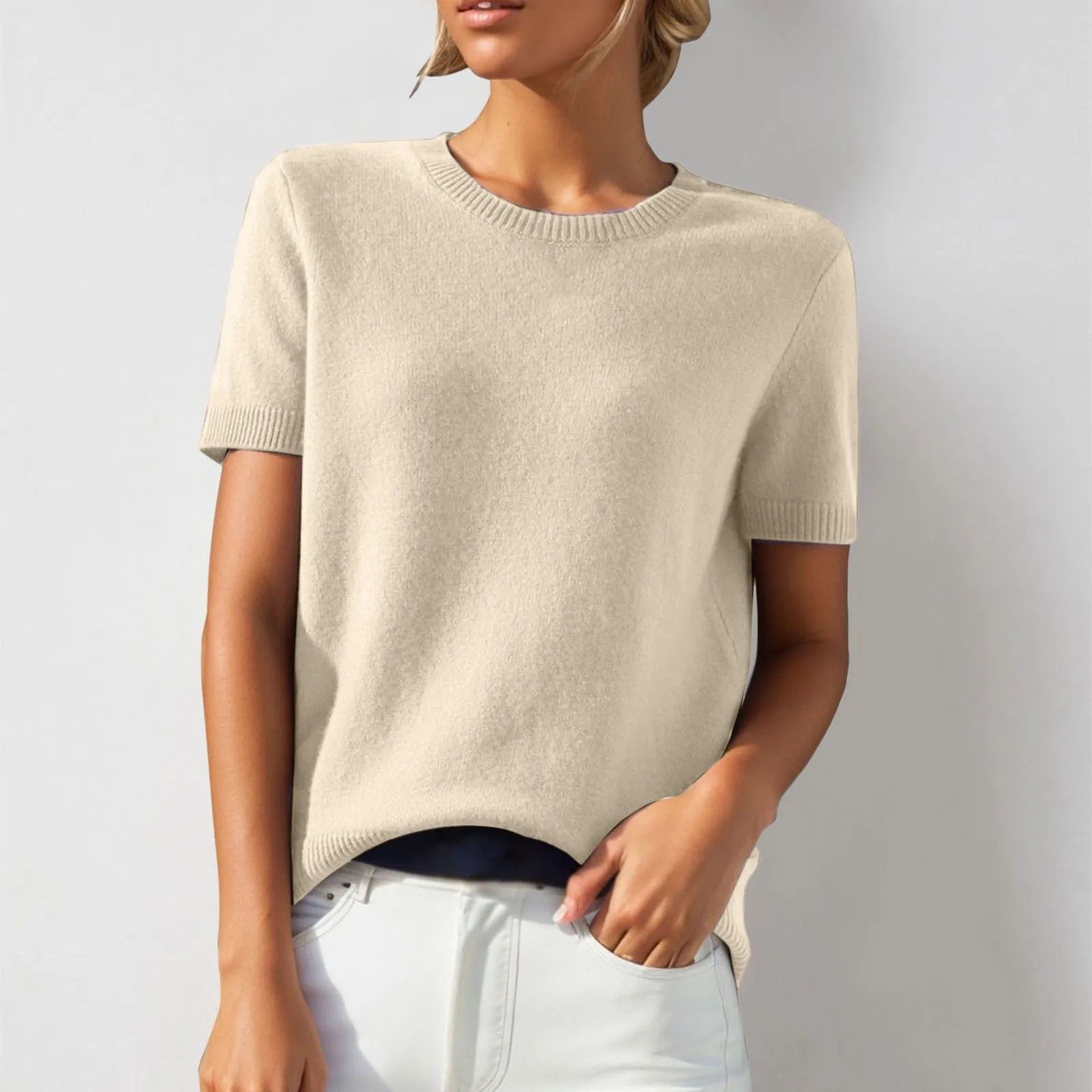 Elegant Solid Color Women Sweater Short Sleeve Knitted Sweater Round Neck Knitwears Pullover Tops