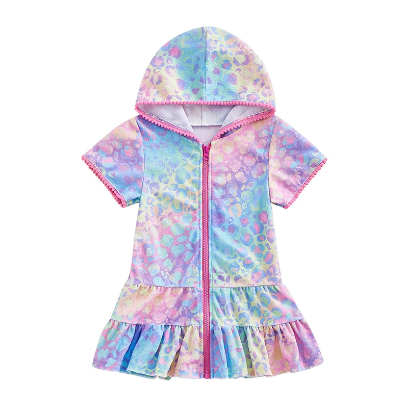 Girls Tropical Print Ruffle Sleeve Swimsuit with UPF 50 Sun Protection and Matching Cover-Up