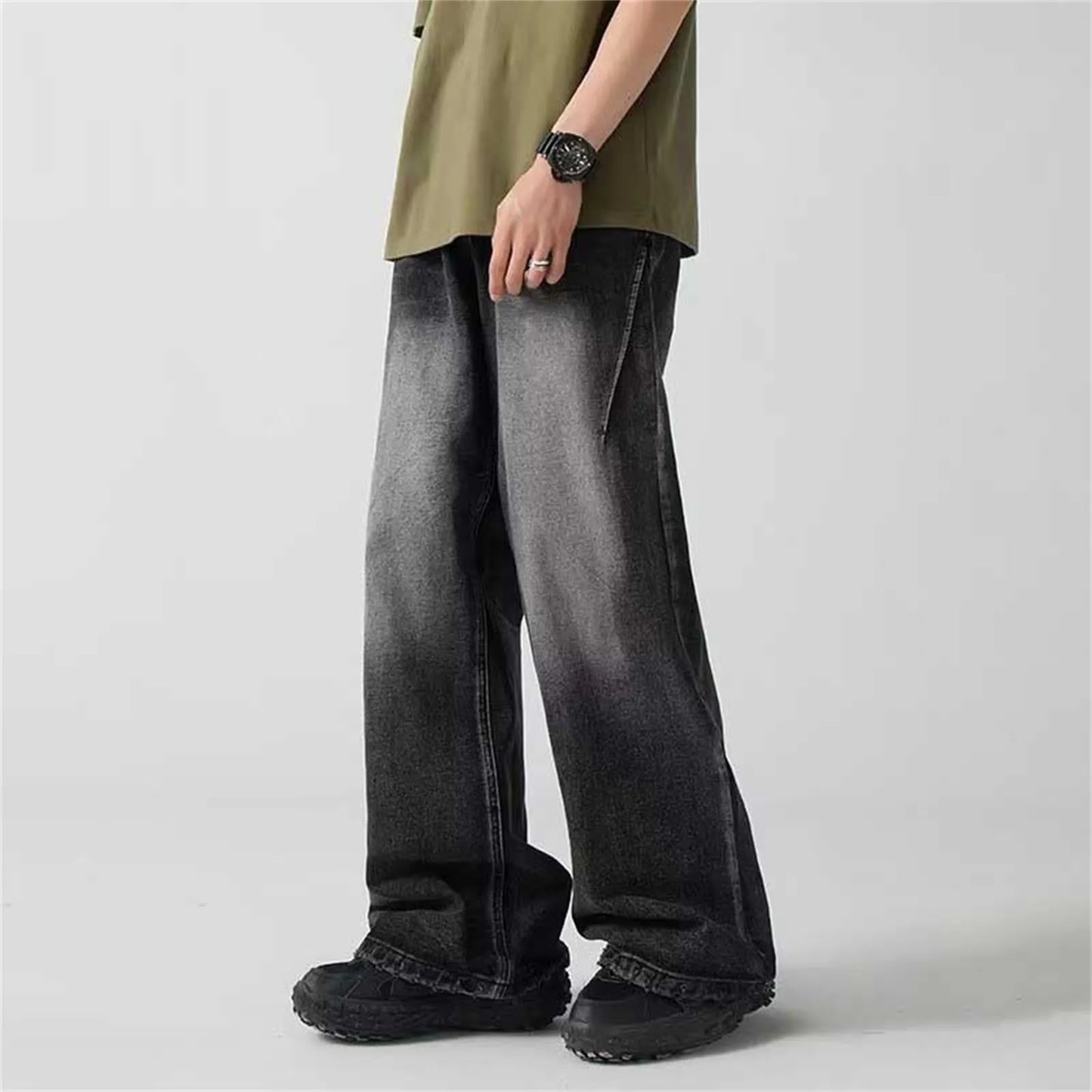 Baggy Jeans Men Distressed Denim Wide Leg Pants Pleated Oversize Hip Hop Trousers Male Korean Streetwear Men Clothing