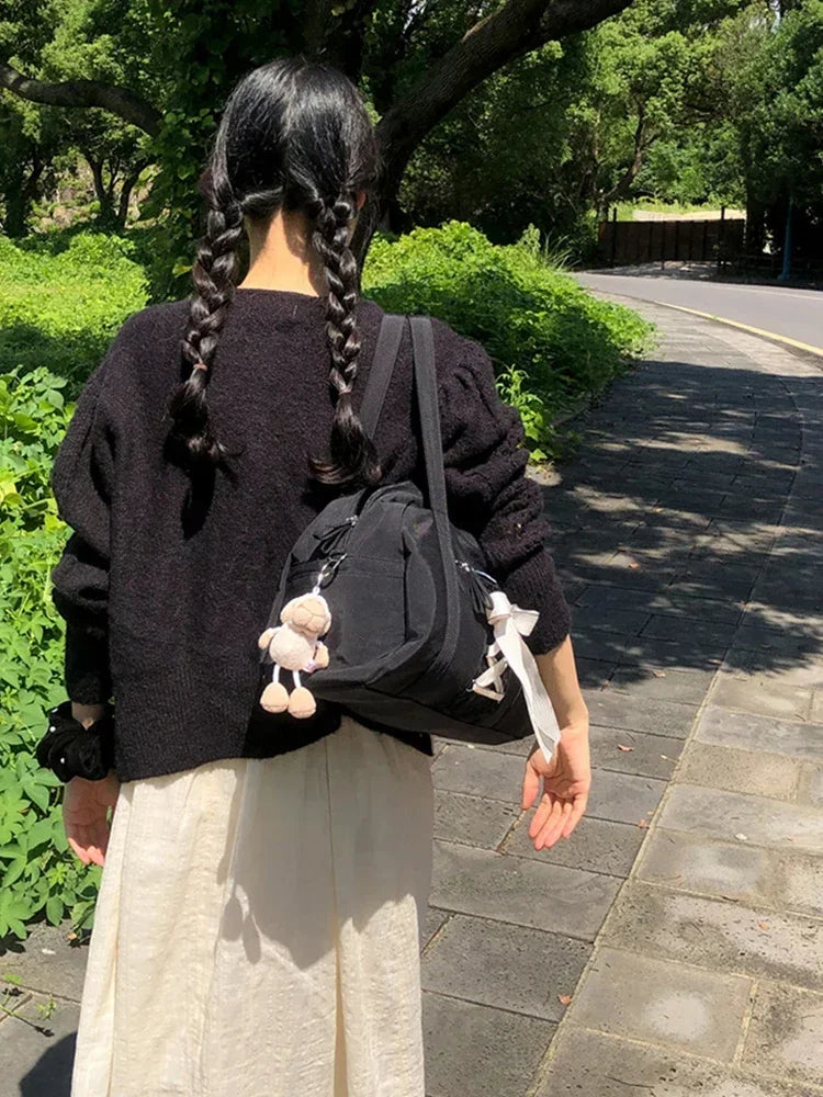 Ribbon Bow Gym Bag Fashion Shoulder Bag Large Capacity Casual Clutch Handbag Multi-pockets Waterproof for Gym Fitness