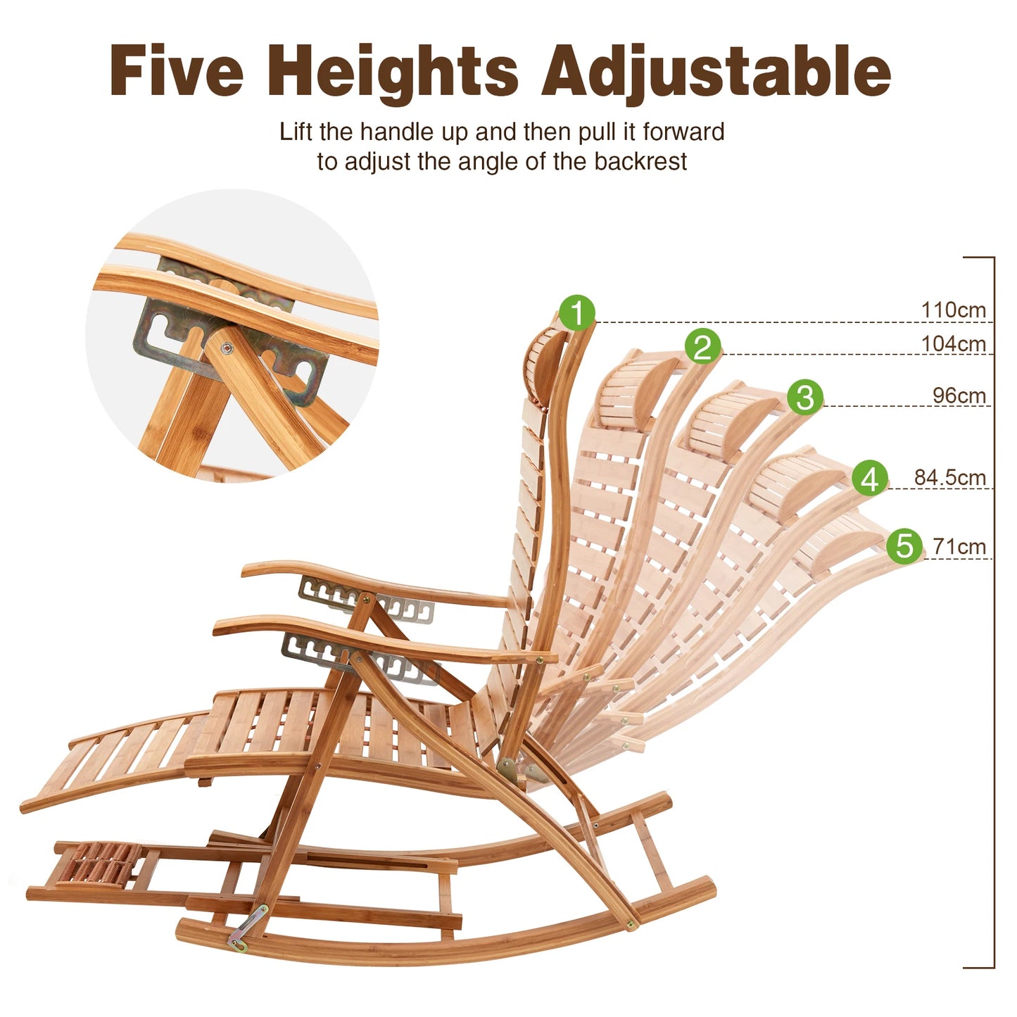 Folding Bamboo Rocking Chair Bamboo for Living Room, Bedroom, Backyard,Indoor Outdoor Furniture Adjustable Sun Lounger Chairs