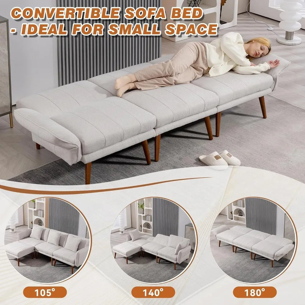 Sectional Couches Convertible Sofa Bed Comfy Sofa with Adjustable Armrest and Backrest for Living Room Bedroom Office Linen
