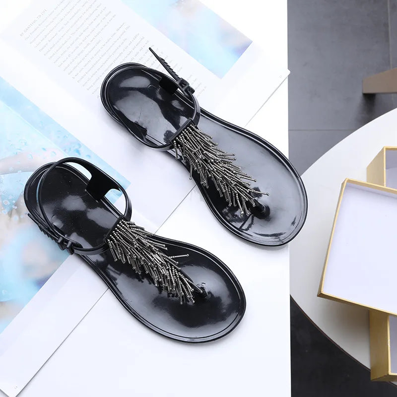 Women's Shoes Flip-flops Sandals for Woman Black Footwear Plastic with Low Heels Summer 2025 Crystal Pvc