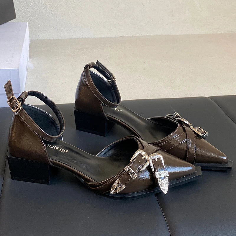Women High Heels Shoes Ladies Sandals 2025 Pointed Toe Shallow Footwear Thick-Heeled Female Ankle Strap Shoes Fashion Pumps