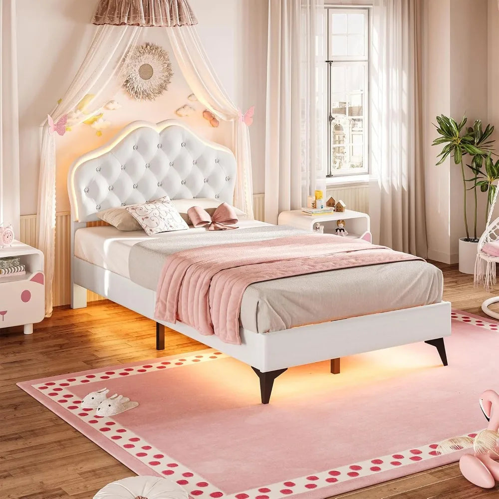 Twin Size Upholstered Bed Frame with LED Lights Adjustable Headboard with Crystal Button