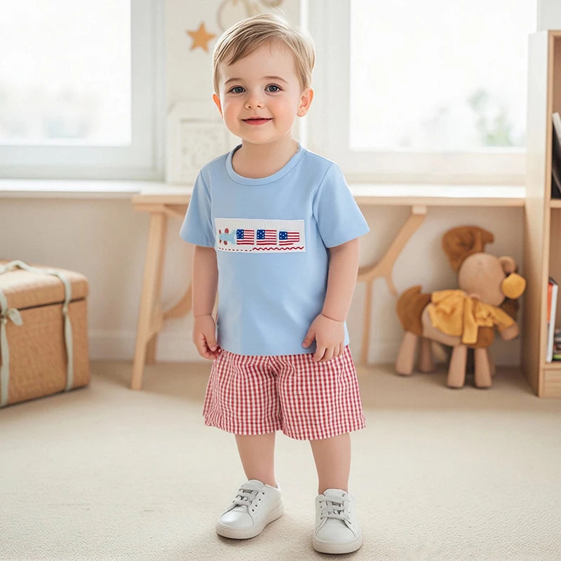 Boys Fourth of July Clothing Set with American Flag Embroidery Round Neck Tee and Elastic Waist Shorts for Independence Day