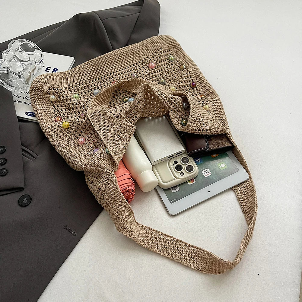 Women Crochet Shoulder Bag Knitted Tote Bag Large Capacity Fashion Tote Handbags with Colorful Pearls Outdoor Travel Bag