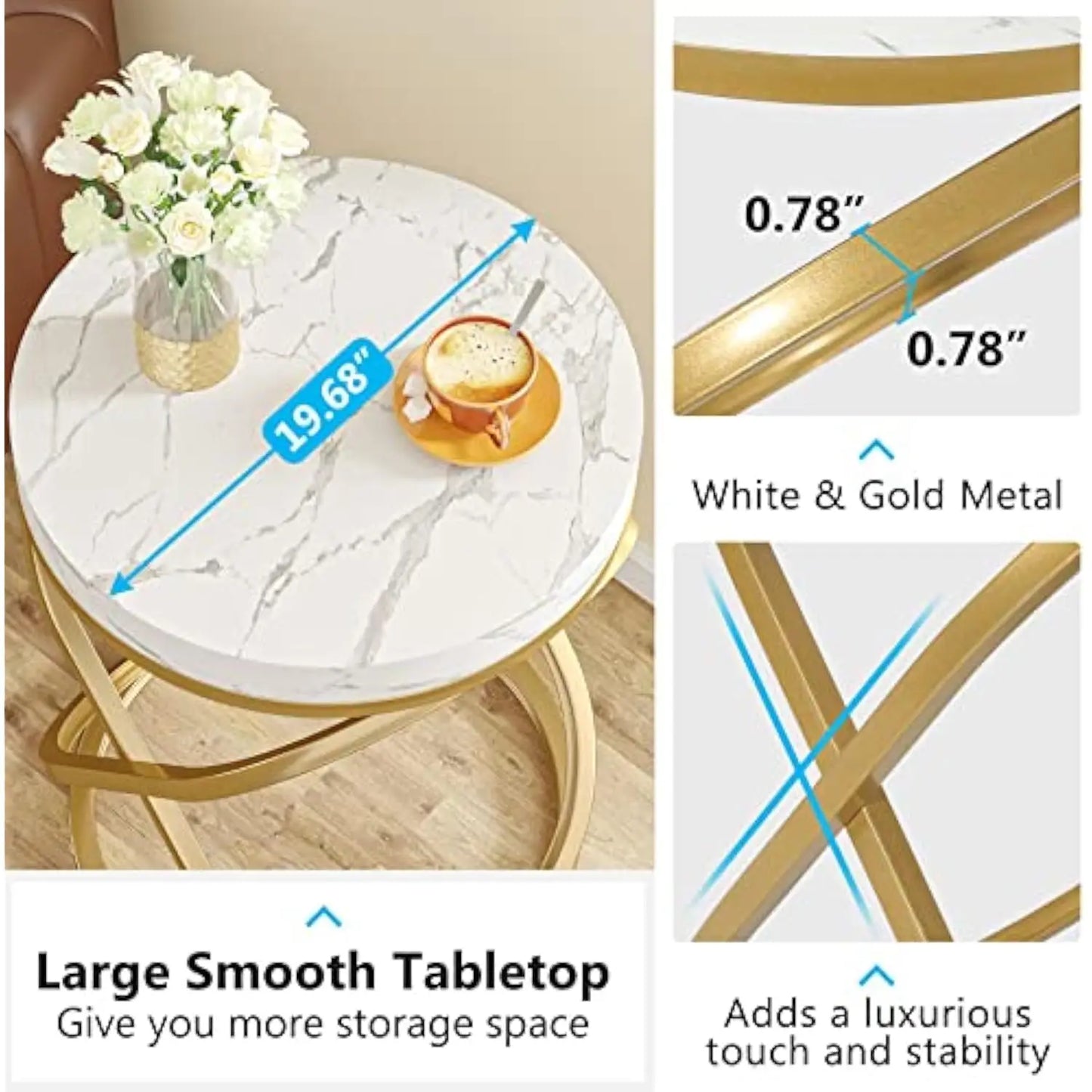 26 Inches White and Gold Faux Marble Top End Tables Living Room, Round Nightstands Sofa Side Table with Double X-Shaped Ring U