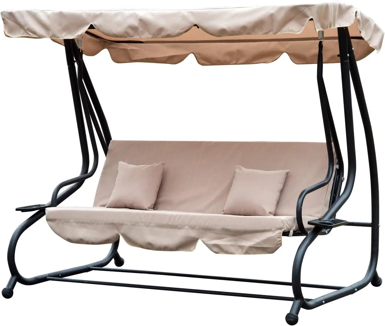 Garden Swing Chair, 2-in-1 3 Seater Convertible Swing Chair with Tilting Canopy, Cushioned Seat and 2 Pillows, Patio Swing Bench
