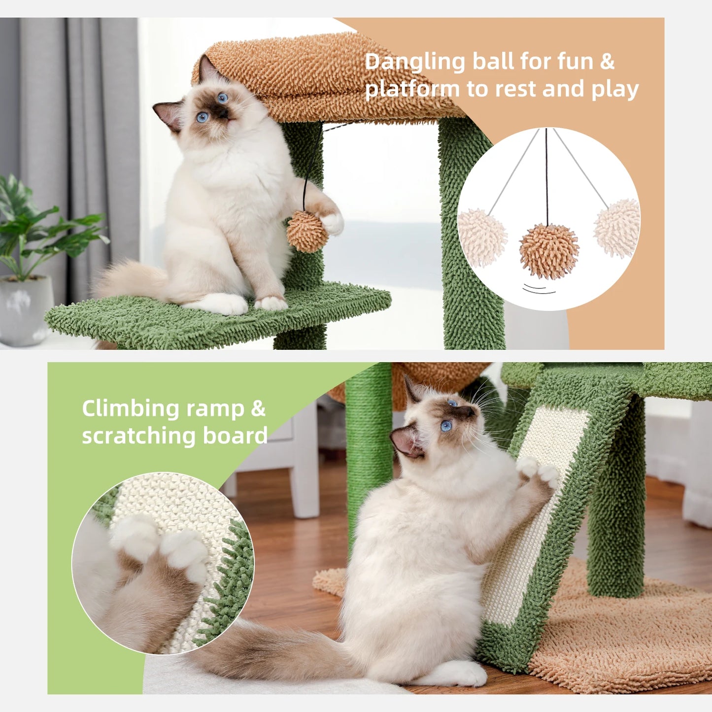 Cactus Cat Tree with Sisal Covered Scratching Post, Cozy Condo, Hammock, Multi-Level Cat Tower for Indoor Cats, Cat House Toys