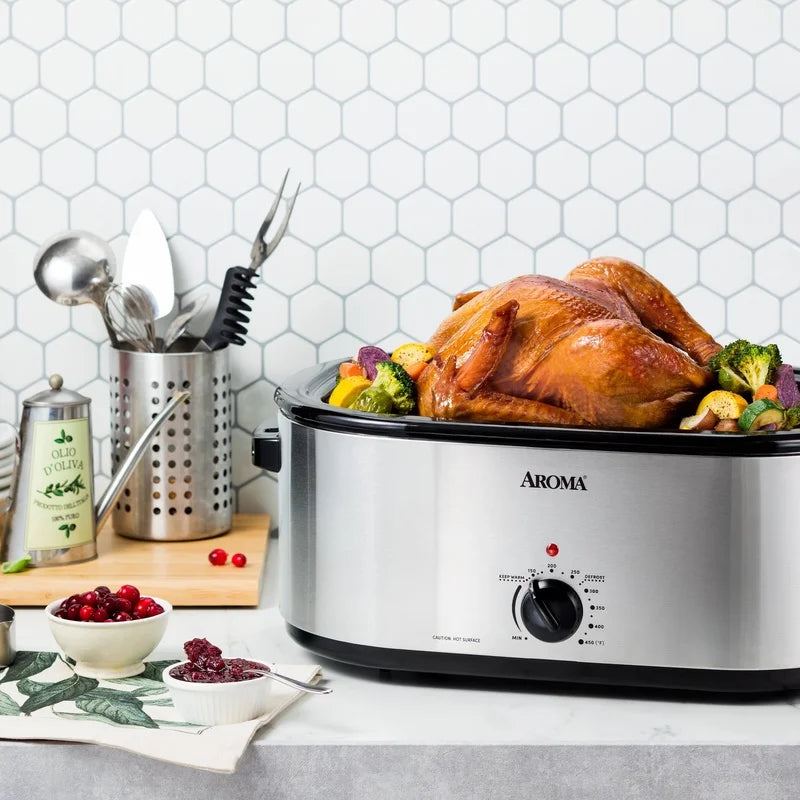 22 Quart Electric Roaster Oven Stainless Steel Self Basting Lid Large Capacity Removable Rack Easy Clean Keep Warm Setting