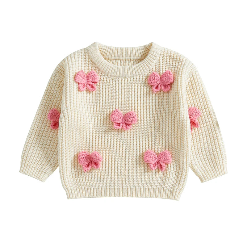 Adorable Baby Girl Autumn Pullover Sweater with 3D Bow Detail Cozy Long Sleeves and Crew Neck for Cold Weather Warmth