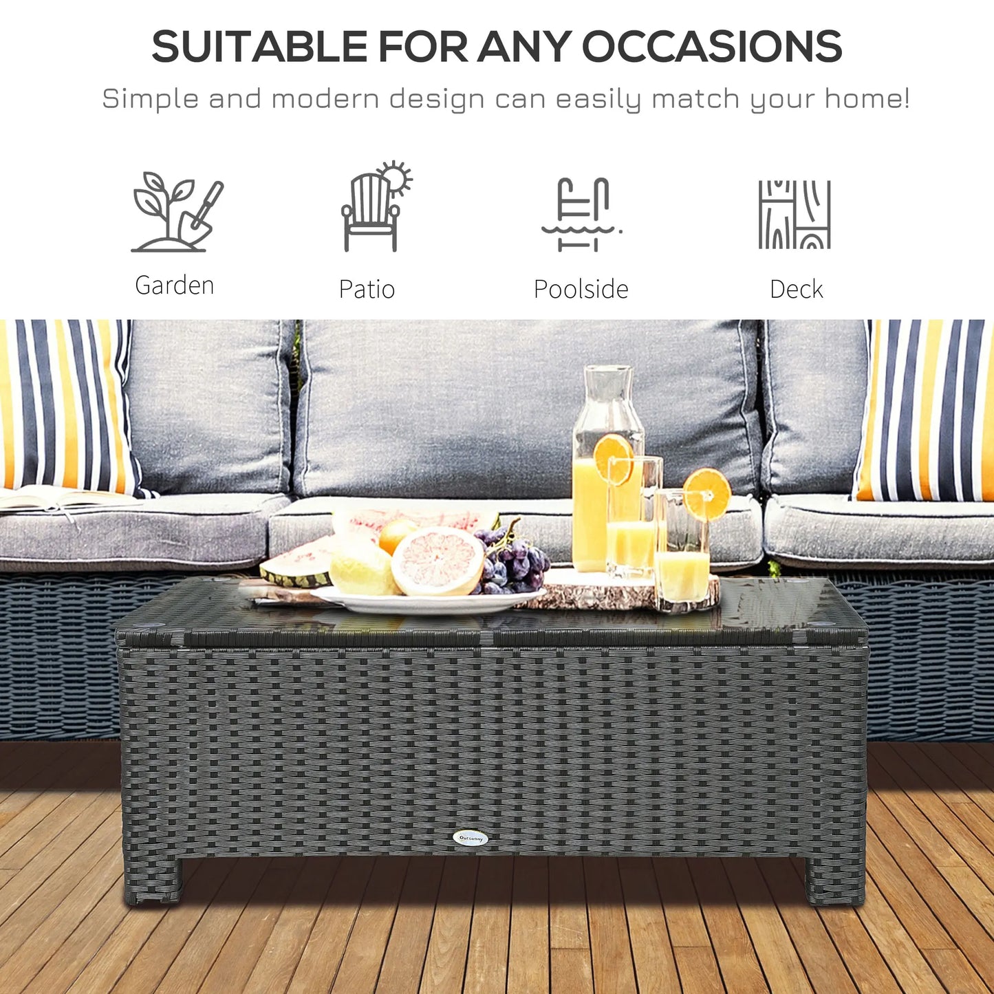 Rattan Wicker Coffee Table Patio Furniture w/ Glass Top Brown
