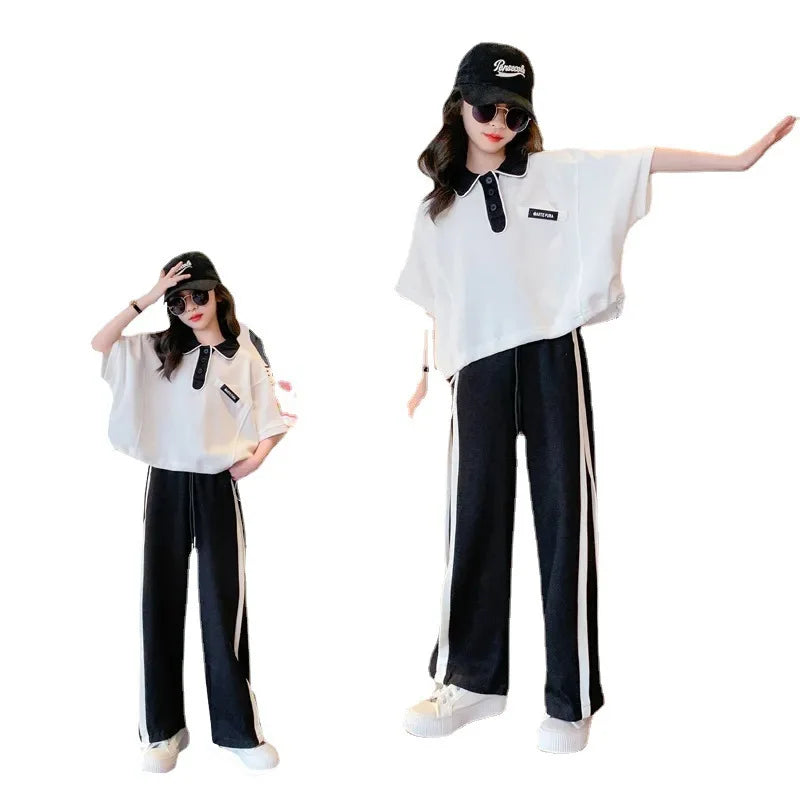 2025 spring summer Girls clothes children set Kids loose t-shirt top and bottom striped wide leg pant 4 8 10 14 15 years teens