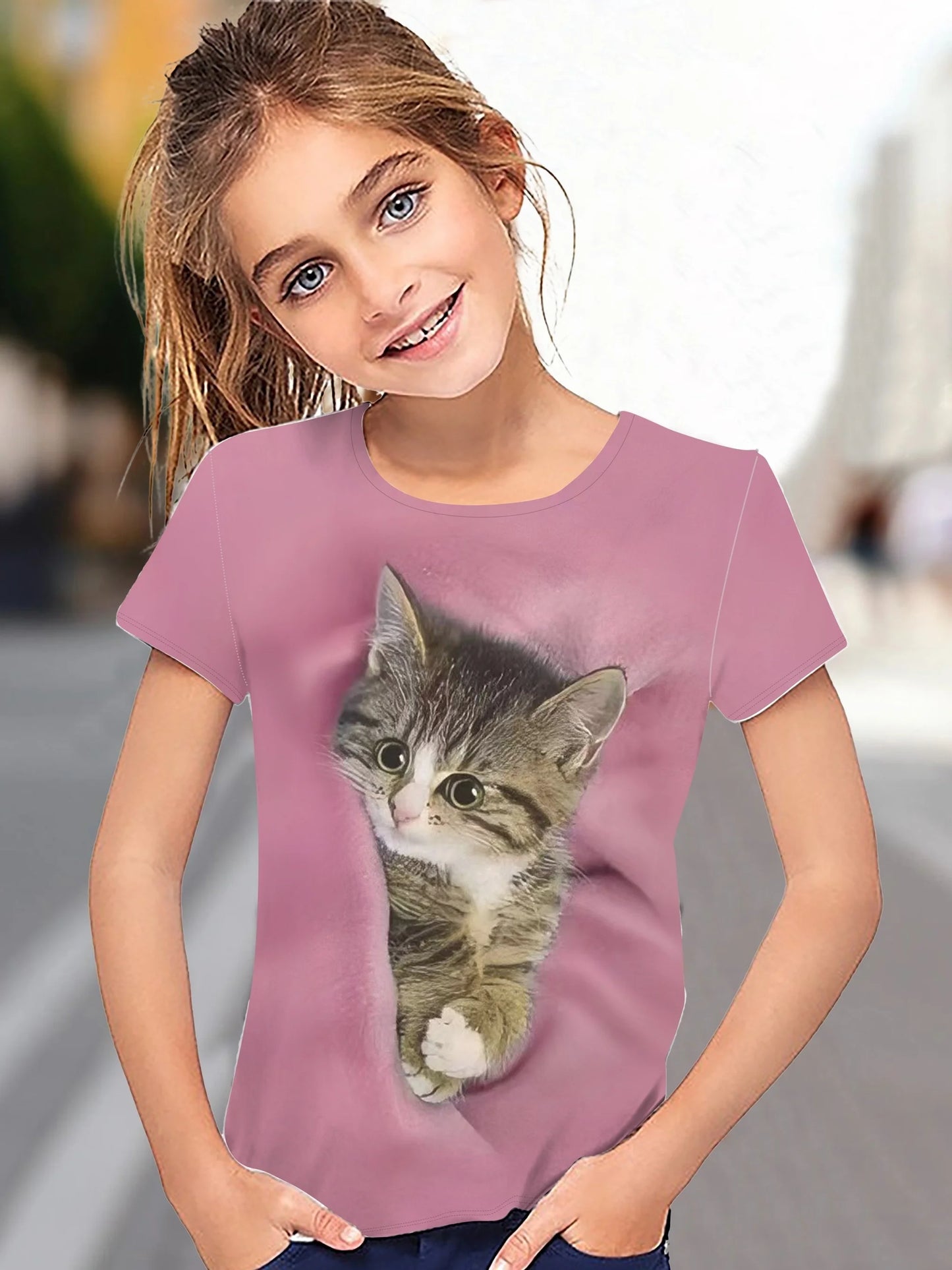 T-Shirt for Girls Cute Kitten Girls Clothes Kids T-Shirt Summer Short Sleeve Children Outdoor Sports Tops T-Shirt for Girls