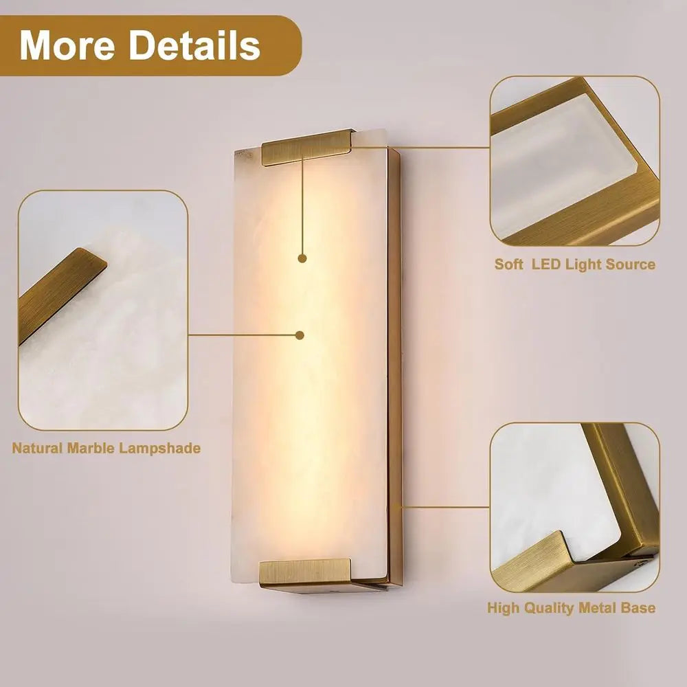 14.2 Large Natural Marble Wall Sconces Set, LED Modern Lighting for Home, Brushed Bronze 12W