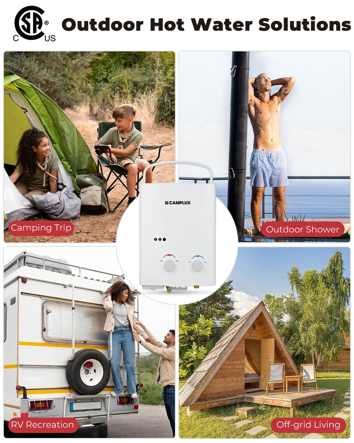 CAMPLUX Tankless Water Heater Outdoor 1.32 GPM Portable Propane Camping Water Heater 5L AY132 White