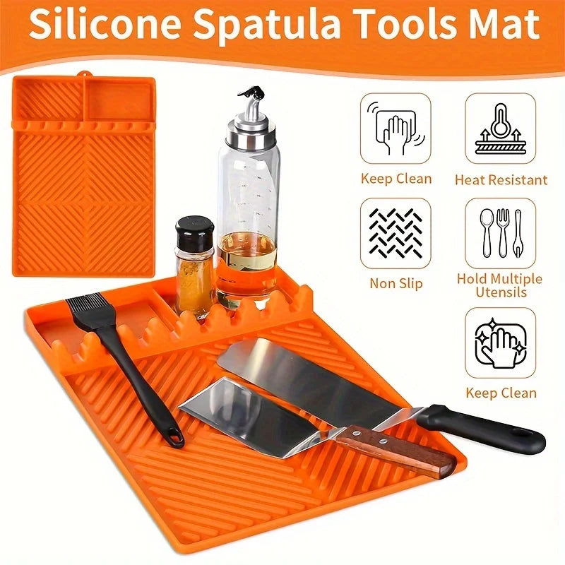 Silicone Mat for Outdoor Barbecue Kitchen Countertop, Large Silicone Shovel Mat with Drip Pad, Barbecue Tool Storage Rack